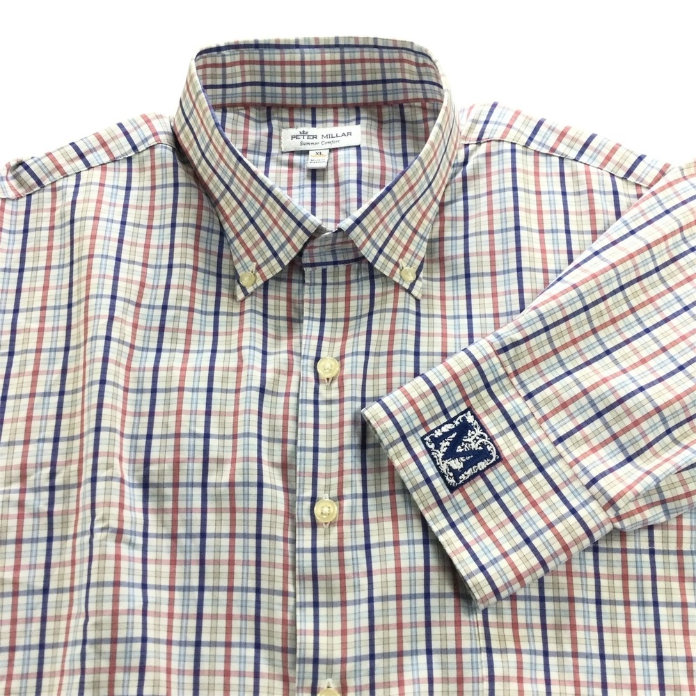 Peter Millar Shirt Mens XL Summer Comfort Red Blue Plaid Gingham Button Up LS